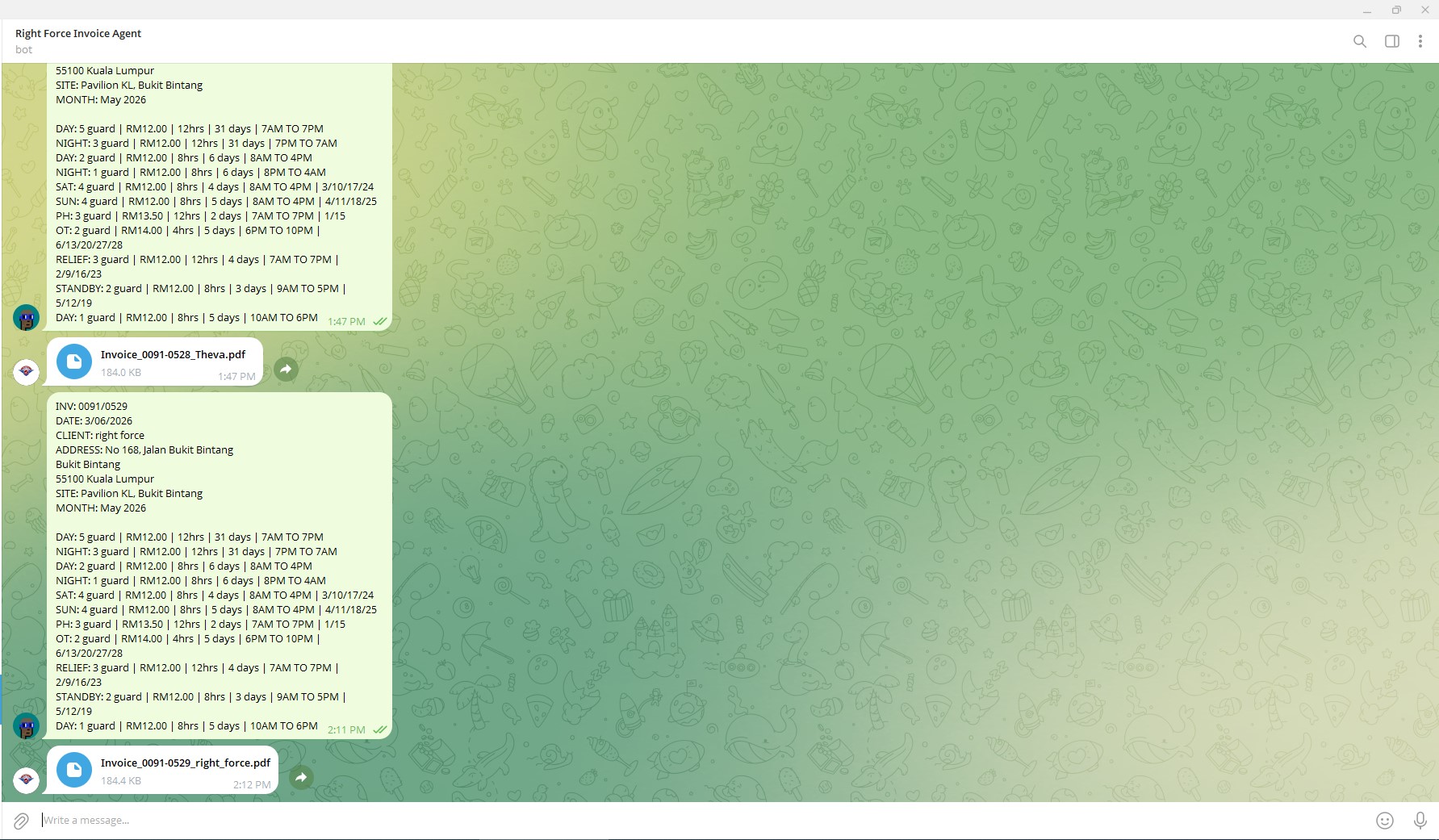 Telegram invoice bot generating a PDF invoice for a Malaysian security services company