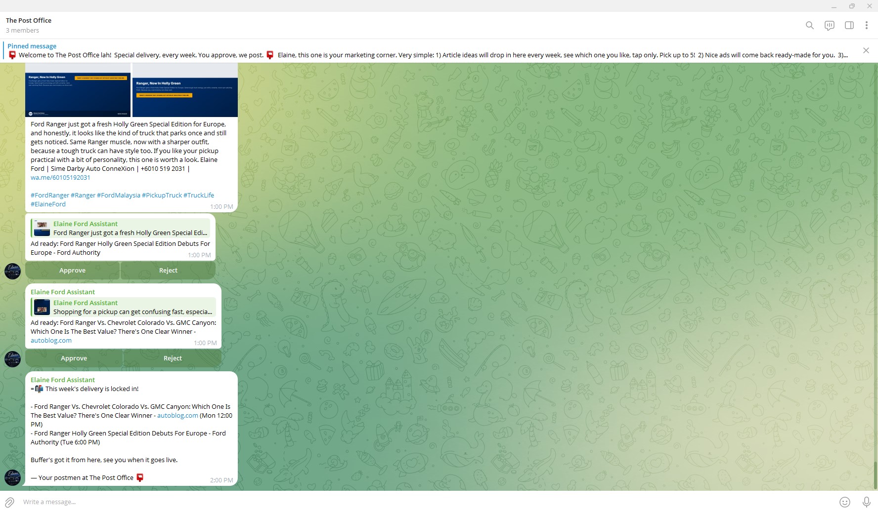 The Post Office social media content agent scheduling weekly Facebook and Instagram posts